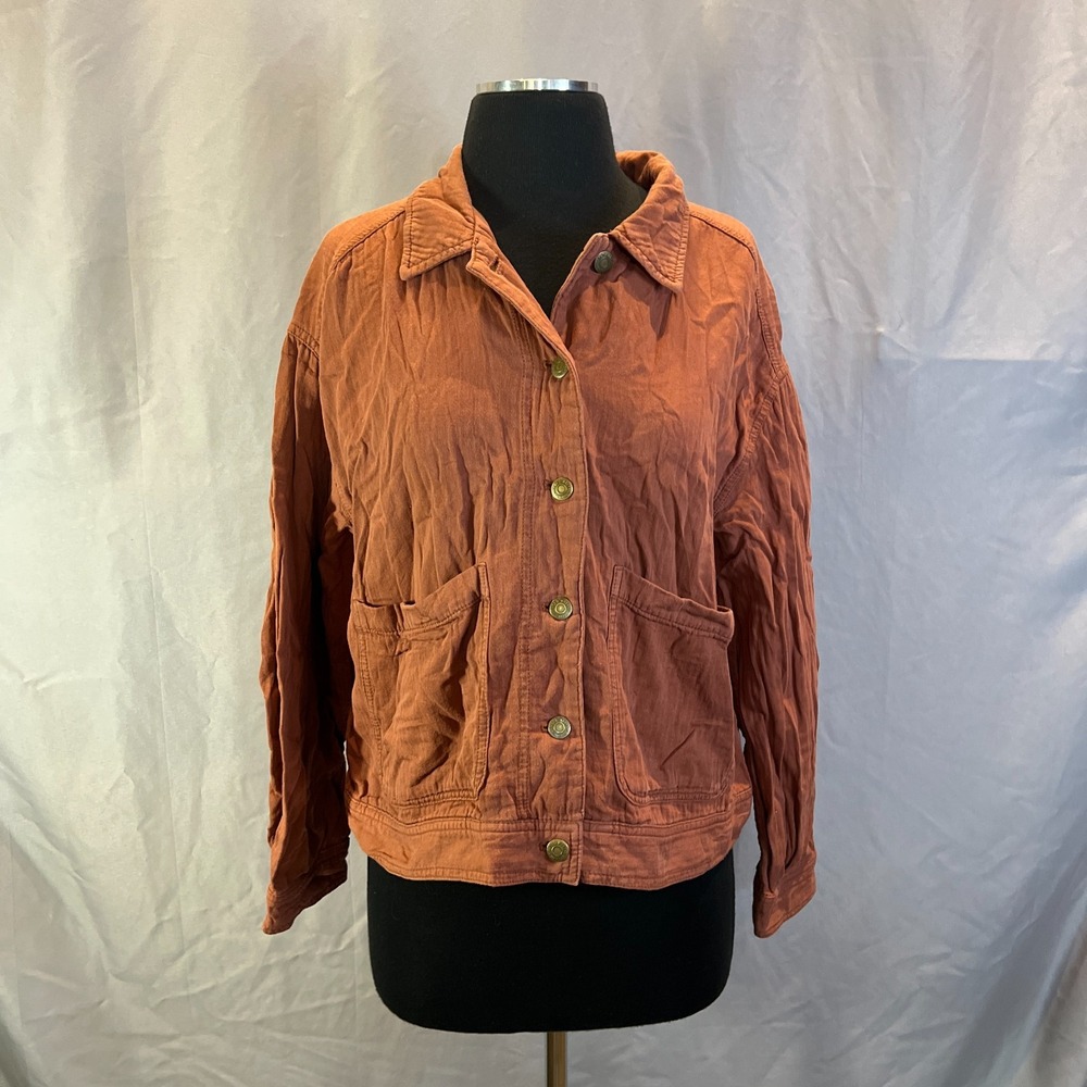 Old Navy Cropped Utility Jacket Womens Large Brown Cotton Snap Front Long Sleeve